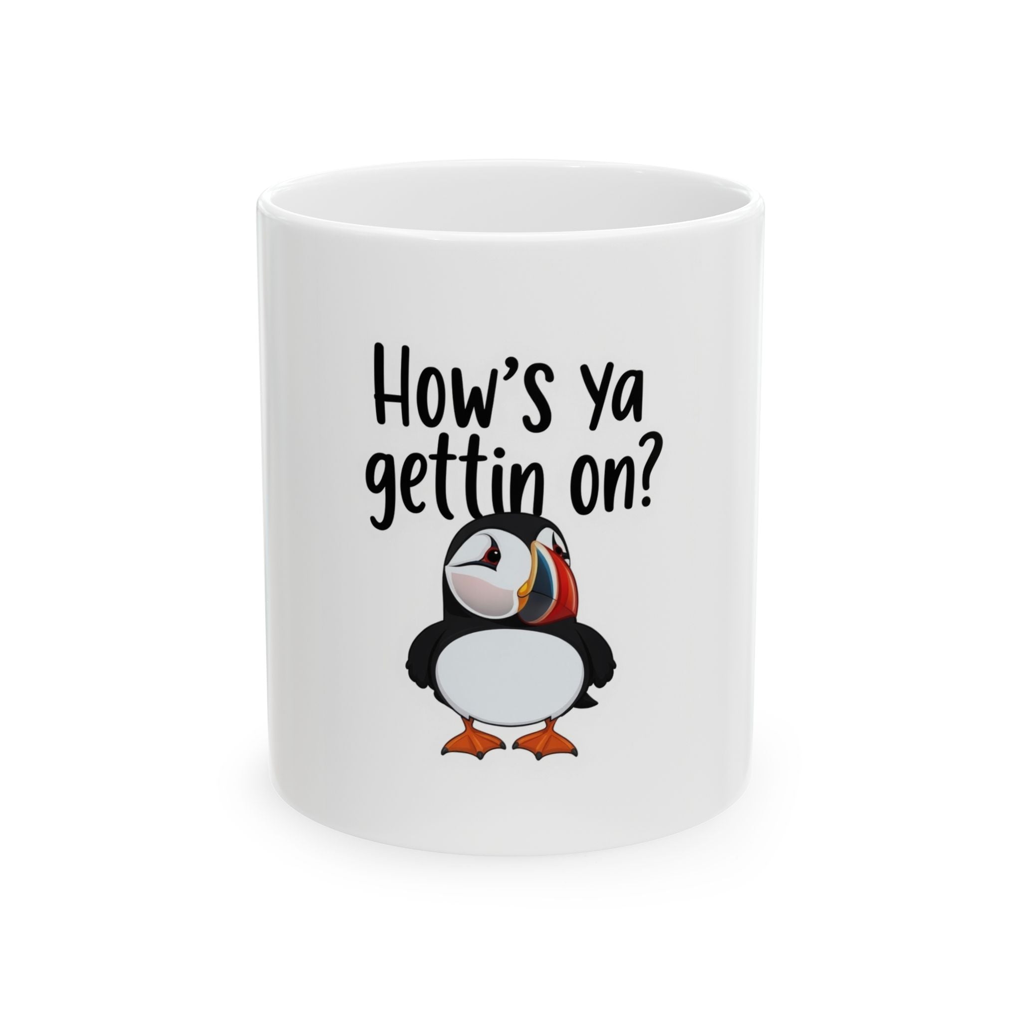 Newfoundland Puffin Mug — "How's Ya Gettin' on B'y?" Ceramic Coffee Cup (11oz)